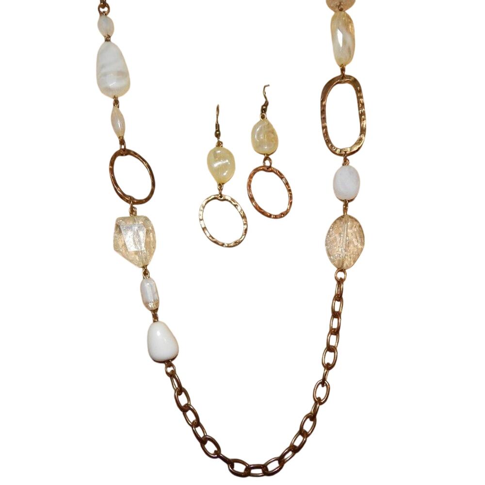 Vintage BoHo Copper Chain With Beads Necklace & Earrings Set